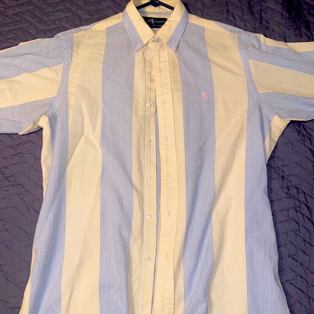Like new sear sucker material polo by Ralph Lauren short sleeve button down